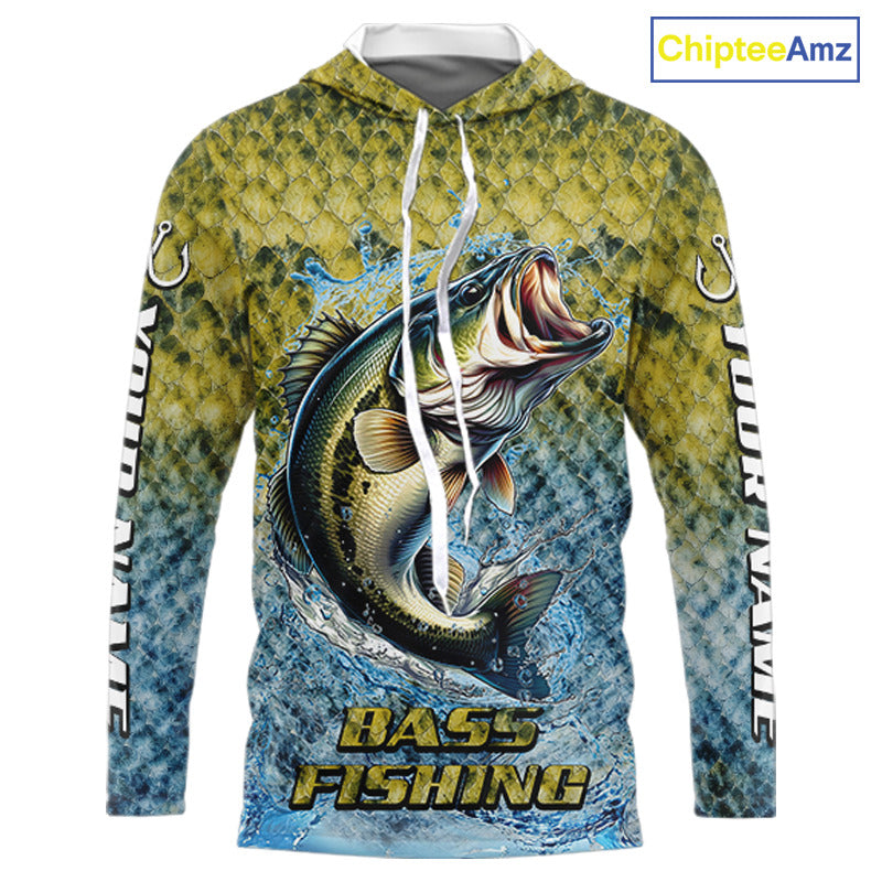 Largemouth Bass Fishing Shirts Long Sleeve Hooded, Beautiful Bass Fishing Shirts For Men NHT403