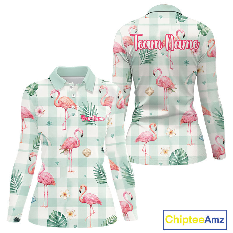 Front and back views of a long-sleeve polo shirt featuring a light green and white gingham pattern with pink flamingos, green palm leaves, and small white flowers. The back has 'Team Name' printed in pink script, and a 'ChipteeAmz' logo is visible in the bottom right corner.