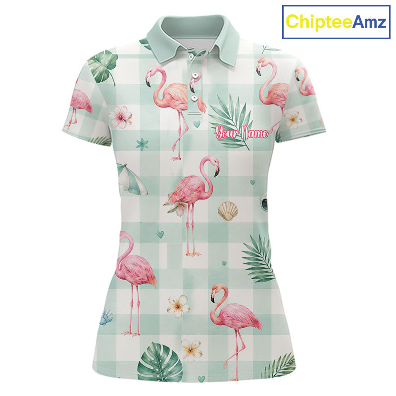 A women's short-sleeve polo shirt with a pink flamingo and tropical leaf print over a mint green and white gingham check pattern. The shirt features a custom name placeholder on the chest and is displayed on a clean white background with a 'ChipteeAmz' logo in the top right corner