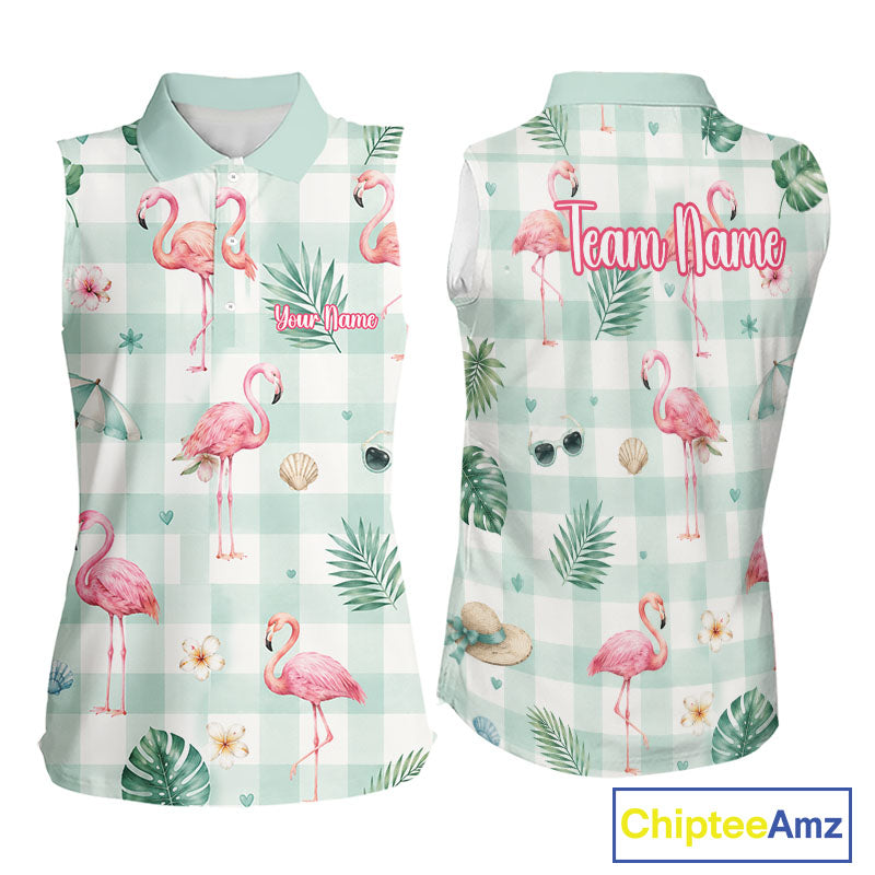 Front and back views of a sleeveless women's polo shirt featuring a tropical flamingo and palm leaf print over a mint green and white gingham check pattern. The shirt includes customizable text areas and a 'Team Name' placeholder on the back.