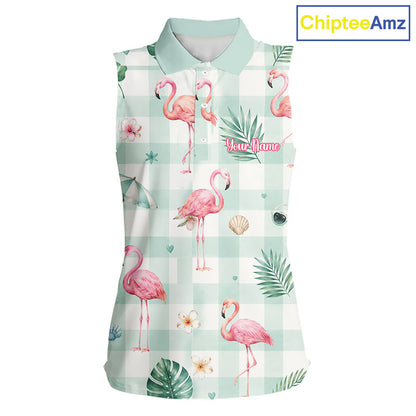 A sleeveless collared polo shirt with a pink flamingo and tropical leaf print over a mint green and white gingham pattern. The shirt features a mock button placket and a customizable text placeholder on the chest.