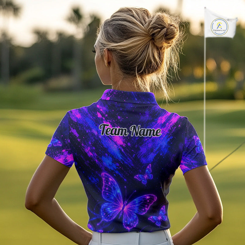 Neon Butterfly Womens Golf Polo Shirt Personalized Team Name Custom Purple Blue Golf Apparel Gift NHT901