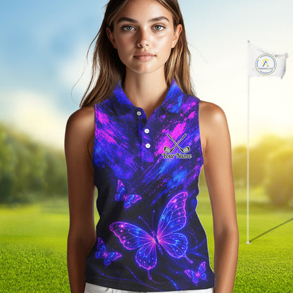 Neon Butterfly Womens Golf Polo Shirt Personalized Team Name Custom Purple Blue Golf Apparel Gift NHT901