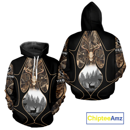 Deer Hunting Shirt 3D All Over Print Skull Deer Personalized Name, Hoodie Hunting For Men NHT363