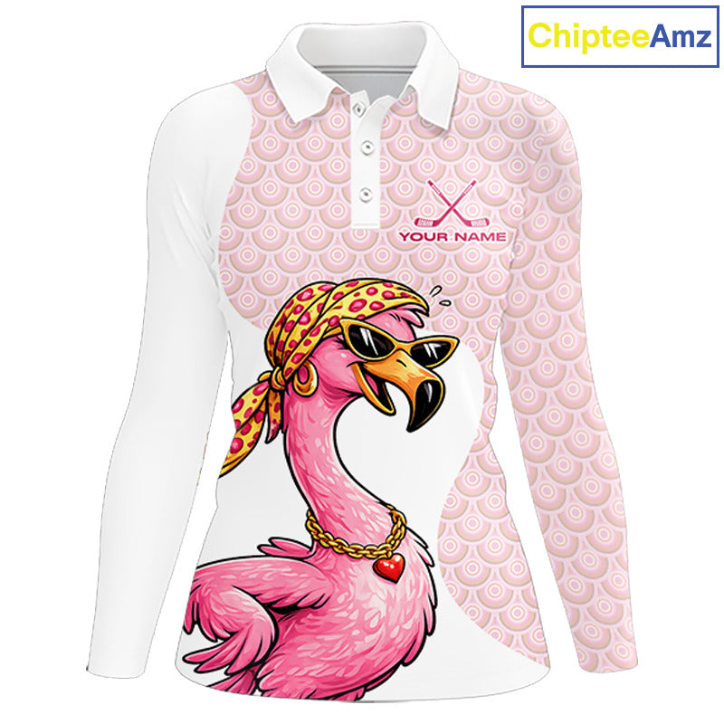 White Pink Womens Golf Shirt Flamingo Golf Funny Custom Team Name Cool Gift For Golfer NHT546