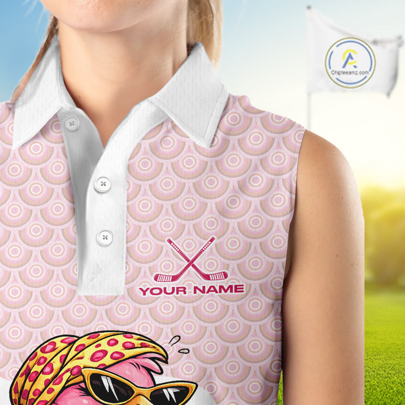 White Pink Womens Sleeveless Golf Shirt Flamingo Golf Funny Custom Team Name  Cool Gift For Golfer NHT546