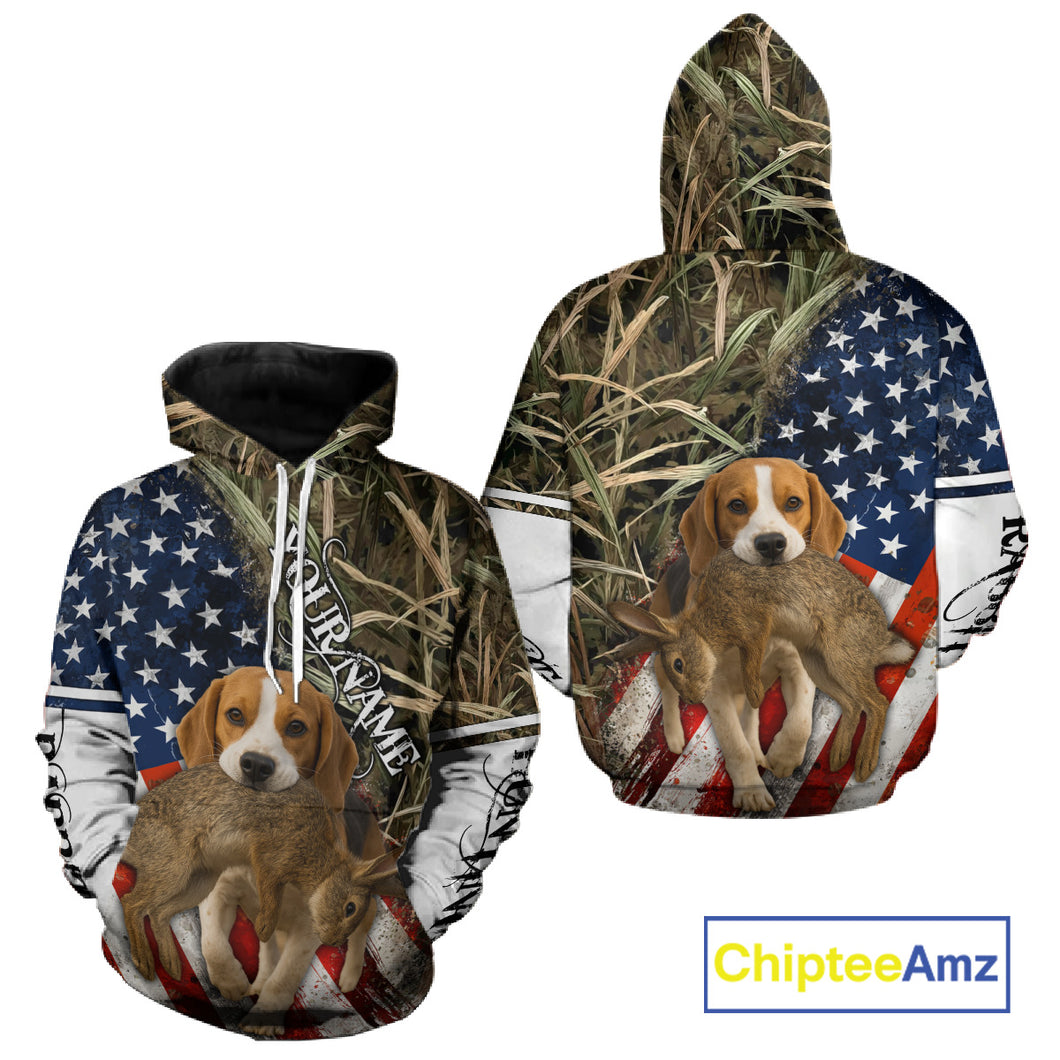 Rabbit Hunting With Beagle 3D US Flag Camo Custom Hunting Shirt, Rabbit Hunting Clothing NHT141