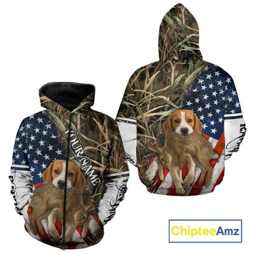 Rabbit Hunting With Beagle 3D US Flag Camo Custom Hunting Shirt, Rabbit Hunting Clothing NHT141