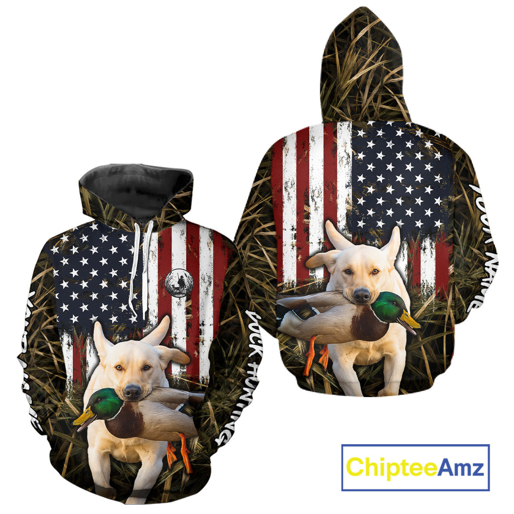 Mallard Duck Hunting Shirt Personalized Camo With Dog Yellow Lab US Flag Hunting Clothes NHT166