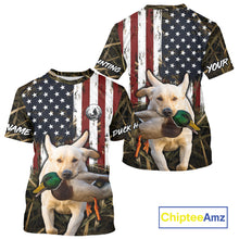 Load image into Gallery viewer, Mallard Duck Hunting Shirt Personalized Camo With Dog Yellow Lab US Flag Hunting Clothes NHT166