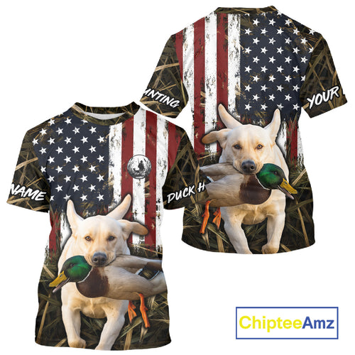 Mallard Duck Hunting Shirt Personalized Camo With Dog Yellow Lab US Flag Hunting Clothes NHT166