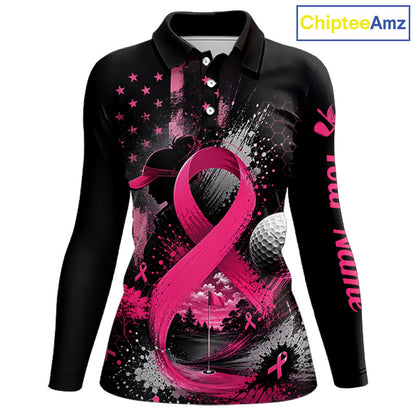 A long-sleeve polo shirt with a black base and a pink, black, and white graphic design featuring a large pink ribbon, stars, a golf ball, and the words 'Golf For Women' on the sleeve. A 'ChipteeAmz' logo is visible in the top right corner.