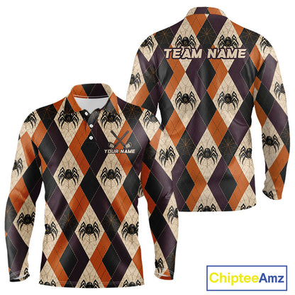 Front and back views of a long-sleeve collared shirt with an argyle pattern in orange, black, and beige, featuring spider motifs and customizable text placeholders, shown on a white background with a ChipteeAmz logo in the corner.