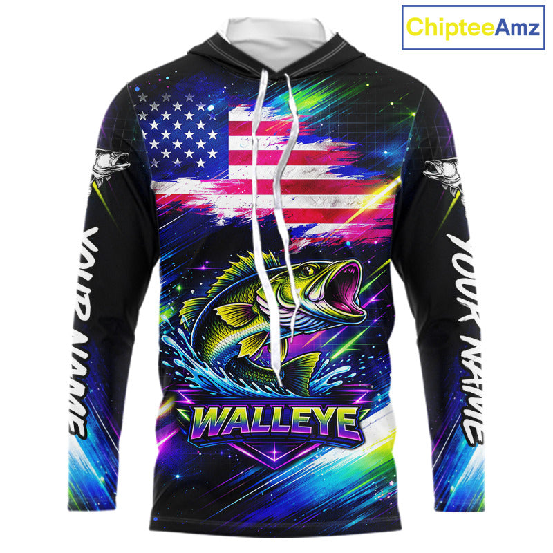 Personalized Walleye Fishing Jerseys, Custom American Flag Fishing Shirts Long Sleeve Hooded For Men NHT637