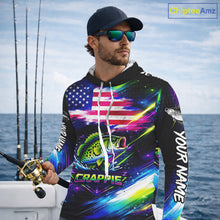 Load image into Gallery viewer, Personalized Crappie Fishing Jerseys, Custom American Flag Fishing Shirts Long Sleeve Hooded For Men NHT638