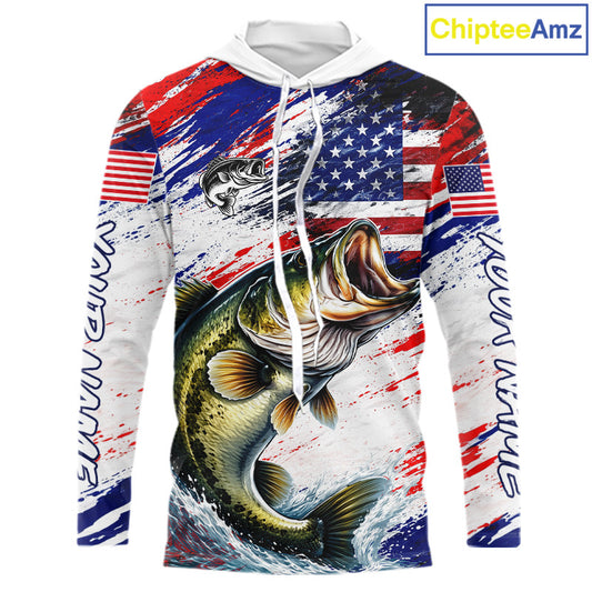 Patriotic Bass Fishing Tournament Shirts, Personalized American Flag Hooded Bass Fishing Jerseys NHT497