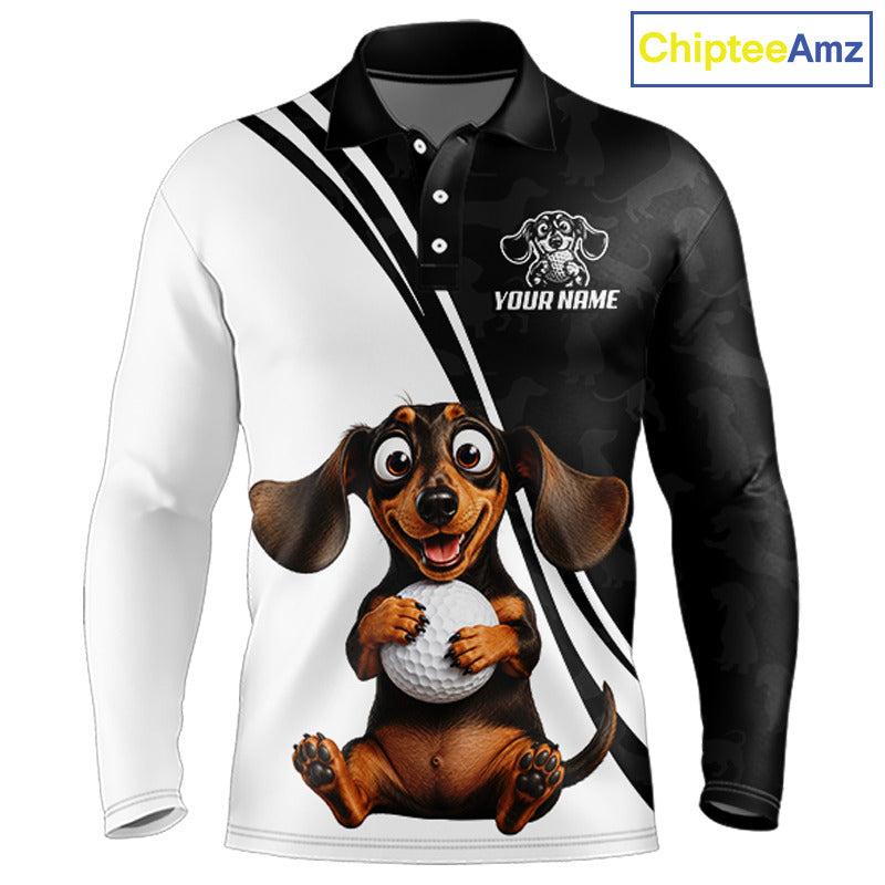A long-sleeve polo shirt with a split design: white on the left side and black on the right side, featuring a cartoon dachshund holding a golf ball across the center and a customizable chest graphic. The background is white with a 'ChipteeAmz' logo in the top right corner.