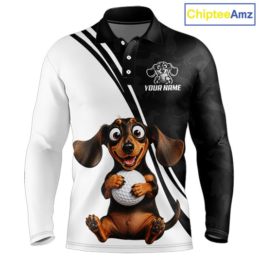 A long-sleeve polo shirt with a split design: white on the left side and black on the right side, featuring a cartoon dachshund holding a golf ball across the center and a customizable chest graphic. The background is white with a 'ChipteeAmz' logo in the top right corner.