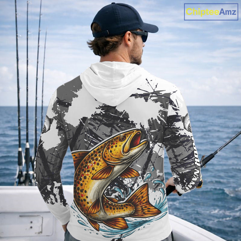 Brown Trout Fishing Shirt Long Sleeve Hooded, Tournament Fishing Shirts, Trout Fly Fishing Shirt NHT449