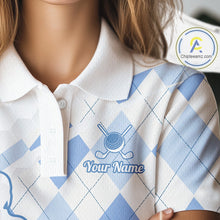 Load image into Gallery viewer, Personalized Blue White Argyle Plaid Pattern Womens Golf Polo Shirts, Blue Golf Tops For Womens NHT674