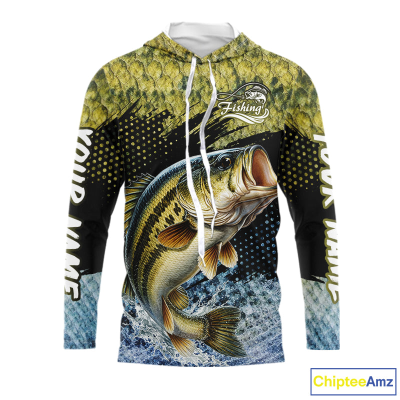 Largemouth Bass Fishing Green Camo Bass Jersey, Customized Bass Fishing Shirts Hooded Long Sleeve NHT532