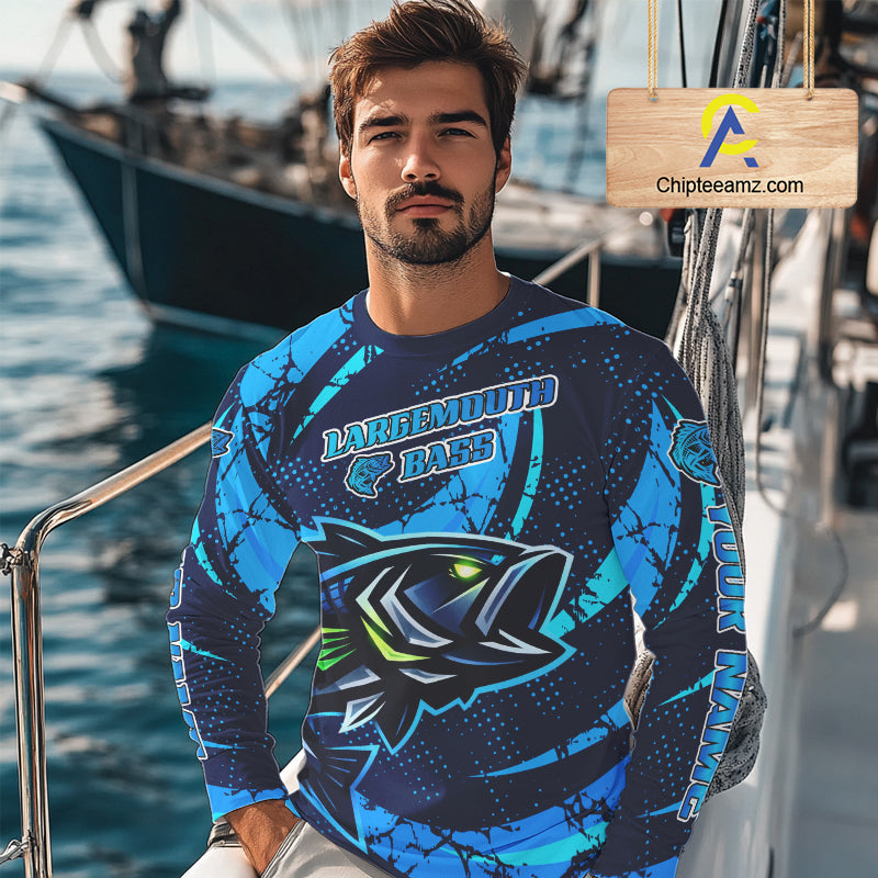 Blue Camo Largemouth Bass Fishing Jerseys, Custom Bass Performance Fishing Apparel NHT460