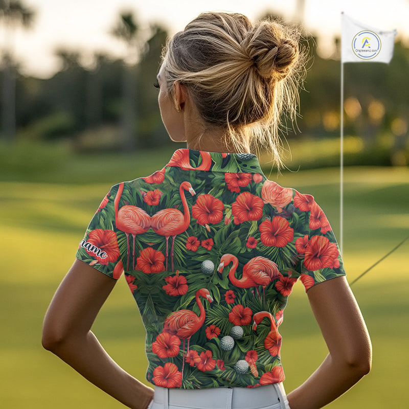 Custom Hibicus Flamingo Floral Golf Polo Shirts For Women, Flower Golf Team Shirts NHT540