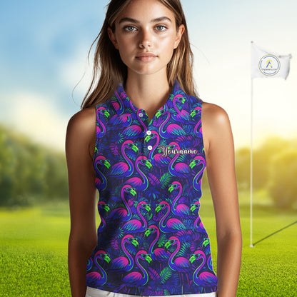 Womens Sleeveless Golf Polo Shirt Neon Flamingos Tropical Pattern Custom Name, Golfing Gifts NHT557