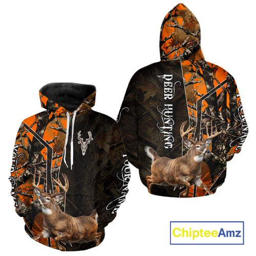 Deer Hunting Shirt 3D Orange Camo Black Custom Name With Deer Skull Whitetail, Hunting Gift NHT236
