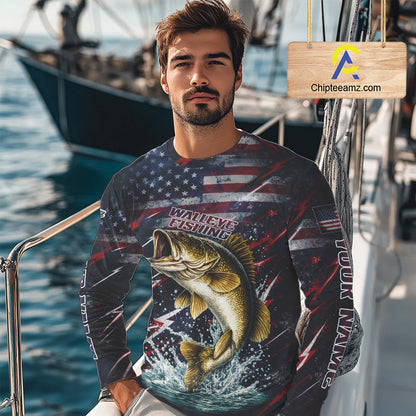 Personalized US Flag Walleye Fishing Shirts Long Sleeve, Patriotic Walleye Fishing Apparel NHT482