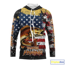 Load image into Gallery viewer, American Flag Custom Redfish Fishing Shirts Long Sleeve Hooded, Patriotic Redfish Fishing Jerseys NHT484