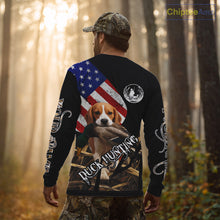 Load image into Gallery viewer, Duck Hunting with Beagle Dog Camo US Flag Custom Name All Over Printed Shirt, Hunting Gift NHT149