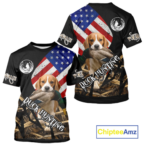 Duck Hunting with Beagle Dog Camo US Flag Custom Name All Over Printed Shirt, Hunting Gift NHT149