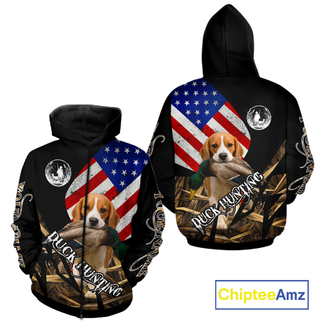 Duck Hunting with Beagle Dog Camo US Flag Custom Name All Over Printed Shirt, Hunting Gift NHT149