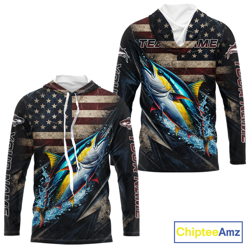 Patriotic Tuna Fishing Jerseys, Personalized American Flag Tuna Hooded Fishing Shirts Long Sleeve NHT581