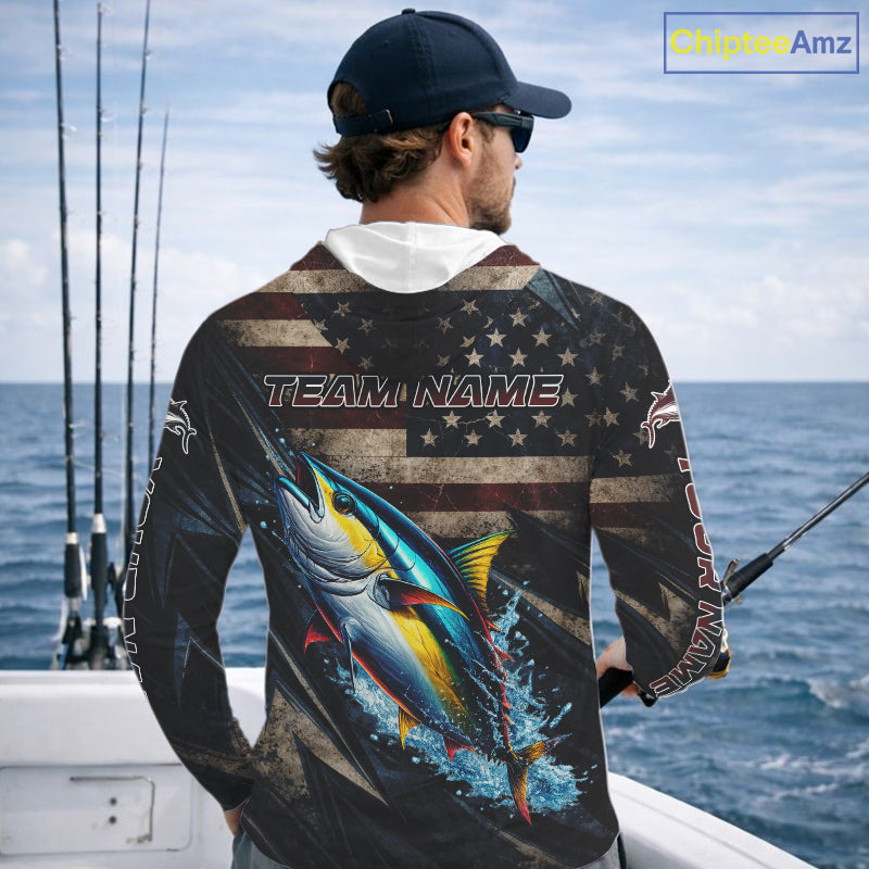 Patriotic Tuna Fishing Jerseys, Personalized American Flag Tuna Hooded Fishing Shirts Long Sleeve NHT581