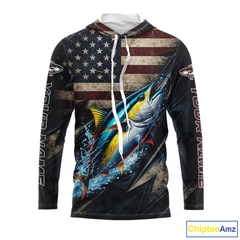 Patriotic Tuna Fishing Jerseys, Personalized American Flag Tuna Hooded Fishing Shirts Long Sleeve NHT581