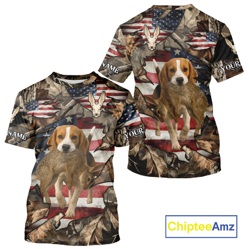 Rabbit Hunting with Beagle Skull 3D US Flag Forest Camo Custom Hunting Shirt – Hunting Gift NHT162