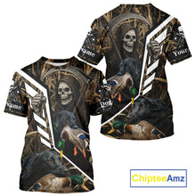 Load image into Gallery viewer, Waterfowl Hunting Shirt Camo Personalized with Black Lab Dog and Grim Reaper, Hunting Gifts NHT168