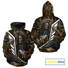 Load image into Gallery viewer, Waterfowl Hunting Shirt Camo Personalized with Black Lab Dog and Grim Reaper, Hunting Gifts NHT168