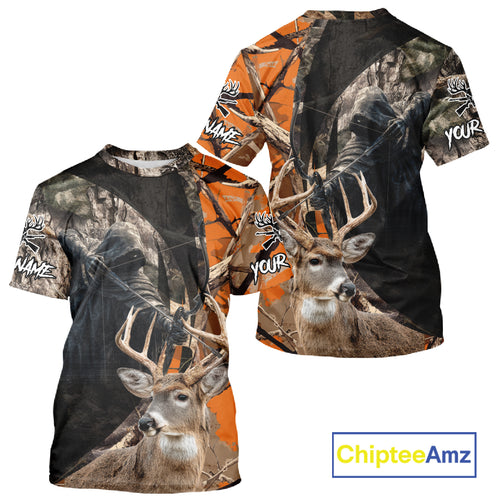 Deer Hunting Grim Reaper Camo Orange 3D All Over Printed Shirt, Personalized Hunting Shirt NHT269