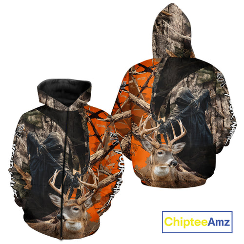 Deer Hunting Grim Reaper Camo Orange 3D All Over Printed Shirt, Personalized Hunting Shirt NHT269