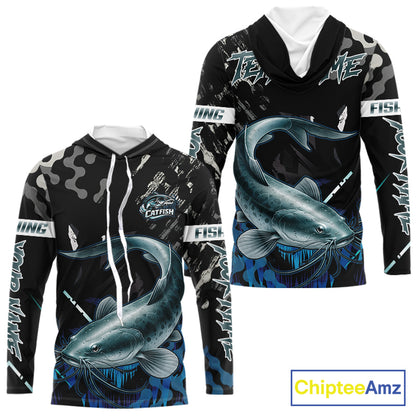 Black Camo Custom Catfish Fishing Shirts Long Sleeve Hooded, Catfish Fishing Jerseys For Men NHT499