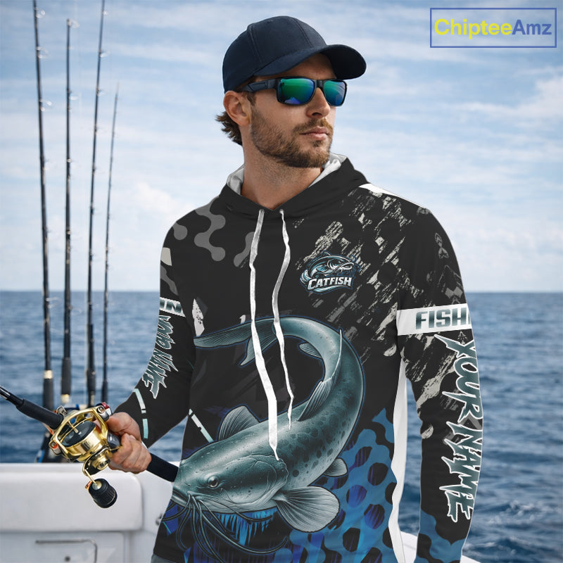 Black Camo Custom Catfish Fishing Shirts Long Sleeve Hooded, Catfish Fishing Jerseys For Men NHT499