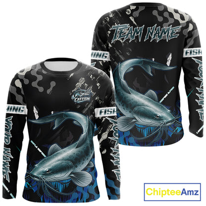 Black Camo Custom Catfish Fishing Shirts Long Sleeve, Catfish Fishing Jerseys For Men NHT499