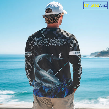 Black Camo Custom Catfish Fishing Shirts Long Sleeve, Catfish Fishing Jerseys For Men NHT499