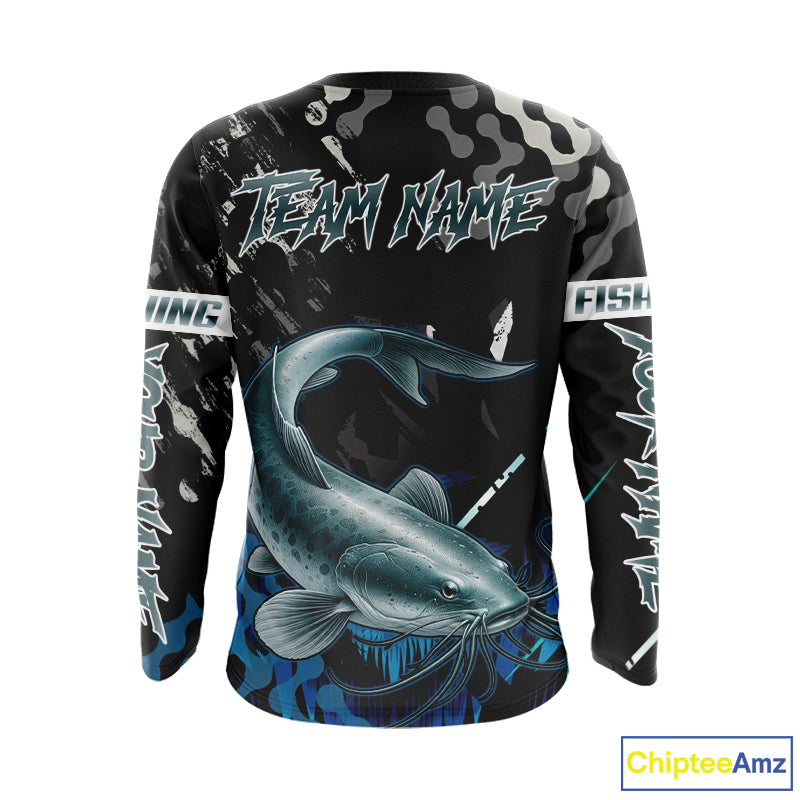 Black Camo Custom Catfish Fishing Shirts Long Sleeve, Catfish Fishing Jerseys For Men NHT499