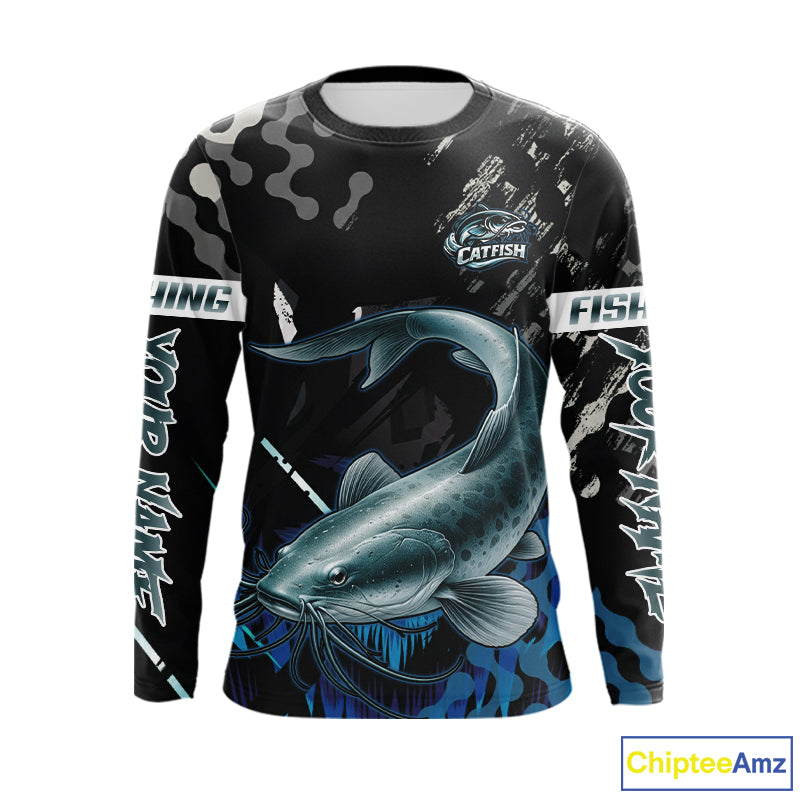 Black Camo Custom Catfish Fishing Shirts Long Sleeve, Catfish Fishing Jerseys For Men NHT499