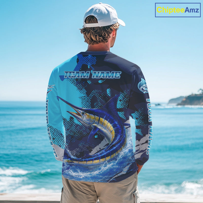Marlin Fishing Blue Camo Custom Name Long Sleeve, Long Sleeve Hooded Fishing Shirt NHT453
