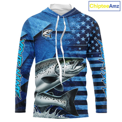 Chinook Salmon Hooded Fishing Shirts Long Sleeve With American Flag, Personalized Salmon Fishing Gift For Father Days NHT682